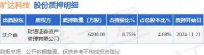 ​旷达科技（002516）股东沈介良质押6000万股，占总股本4.08%